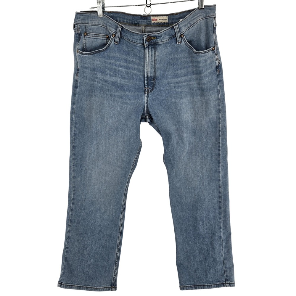 Wrangler Jeans Mens 39x29.5 Light Blue Relaxed Bootcut Stretch Denim Zip Fly